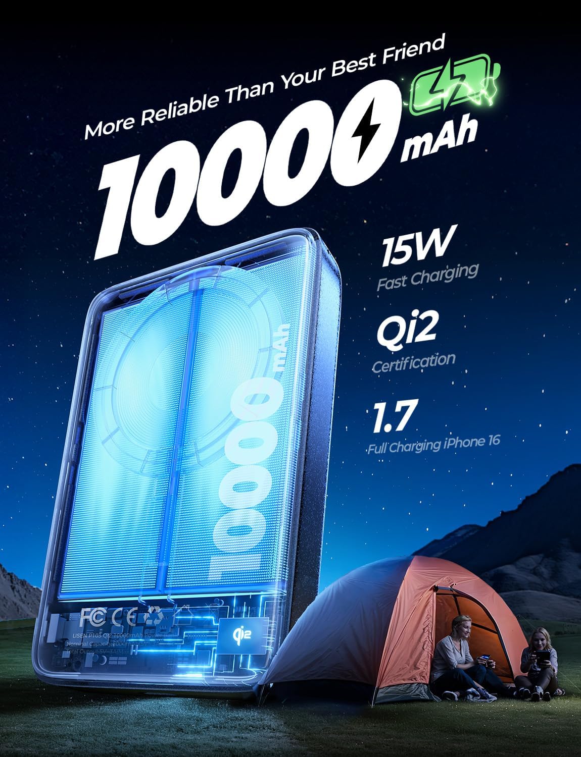 LISEN Qi2認証 15W ポータブル充電器 パワーバンク