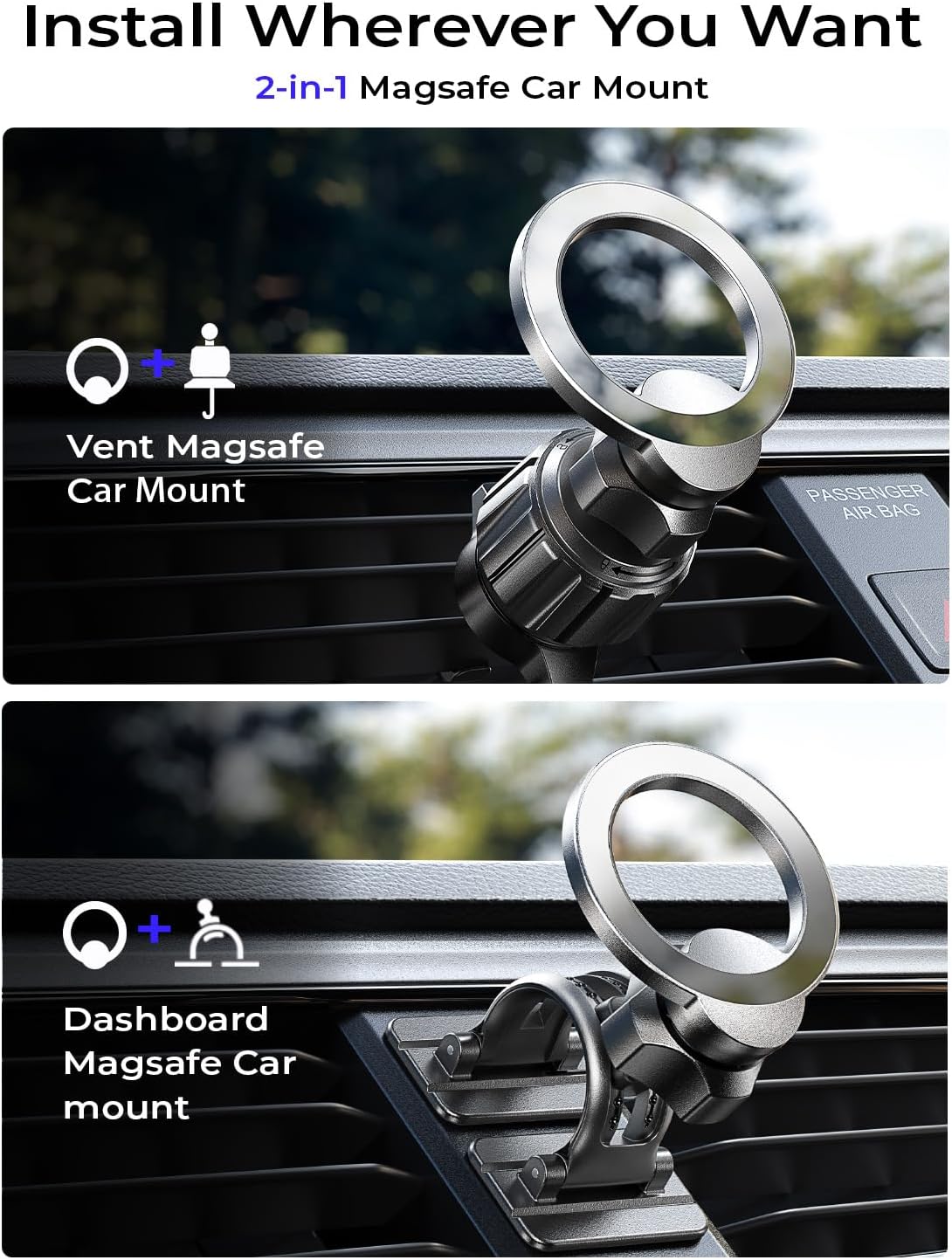 LISEN MagSafe 車載ホルダー、360°回転式マグネット式電話ホルダー、ハンズフリー iPhone マグネット式車載ホルダー、iPhone 15 14 13 12 Pro Max Plus Mini 用マグネット式車載ホルダー、Magsafe アクセサリー