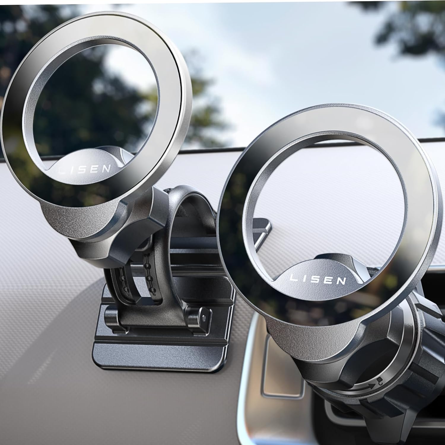 LISEN MagSafe 車載ホルダー、360°回転式マグネット式電話ホルダー、ハンズフリー iPhone マグネット式車載ホルダー、iPhone 15 14 13 12 Pro Max Plus Mini 用マグネット式車載ホルダー、Magsafe アクセサリー