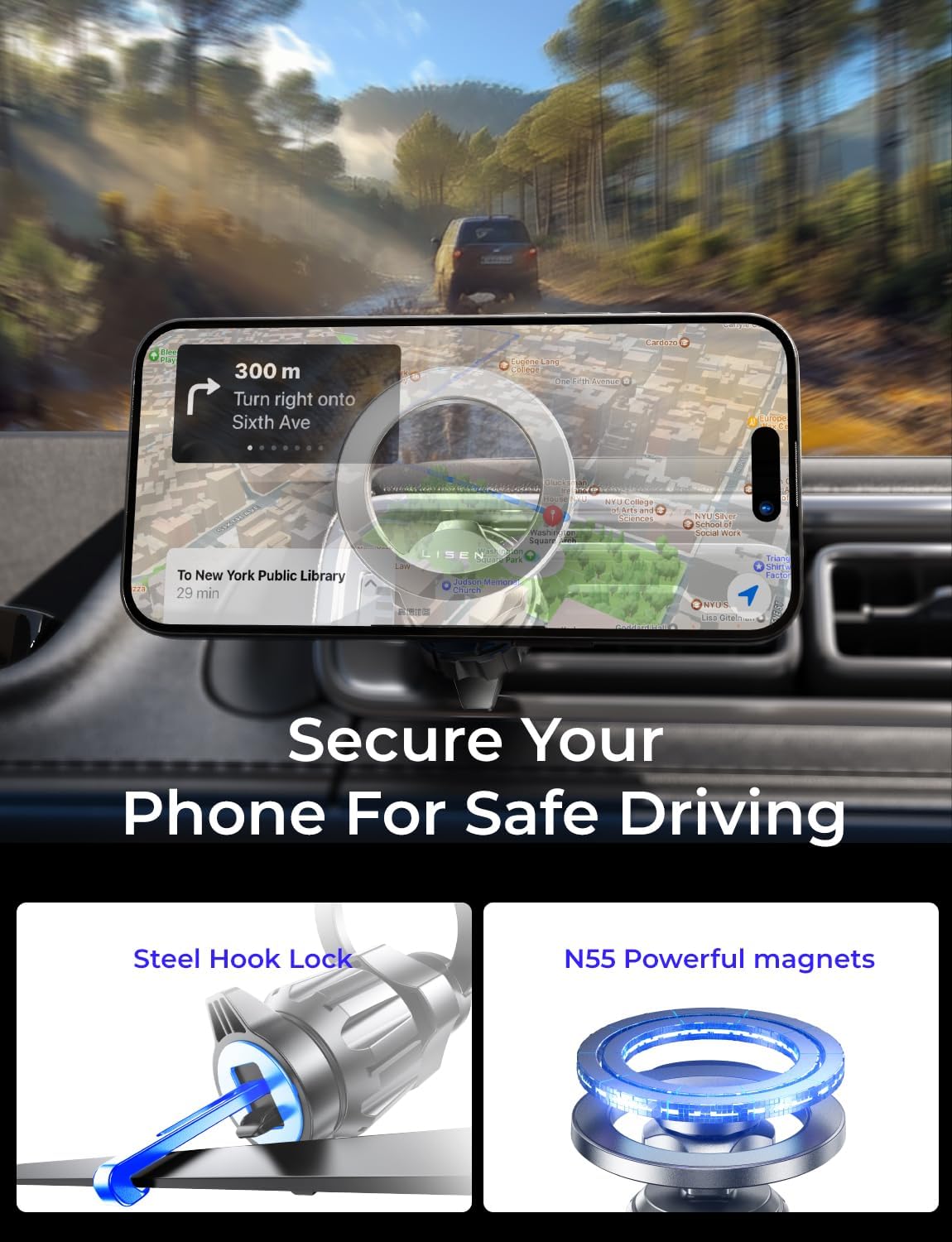 LISEN MagSafe 車載ホルダー、360°回転式マグネット式電話ホルダー、ハンズフリー iPhone マグネット式車載ホルダー、iPhone 15 14 13 12 Pro Max Plus Mini 用マグネット式車載ホルダー、Magsafe アクセサリー