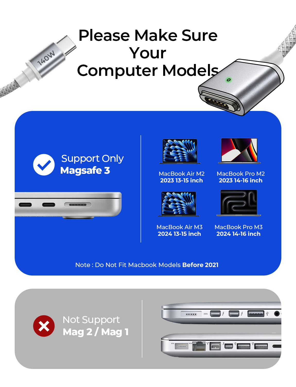 LISEN 140W USB-C Magnetic 3 Cable Fit for MacBook Charger, Nylon Braided 6FT Fit for MacBook Air 2023/2022(M2),MacBook Pro 2023(M3,M2,14-16 inch),MacBook Pro Charger Cord (M3)