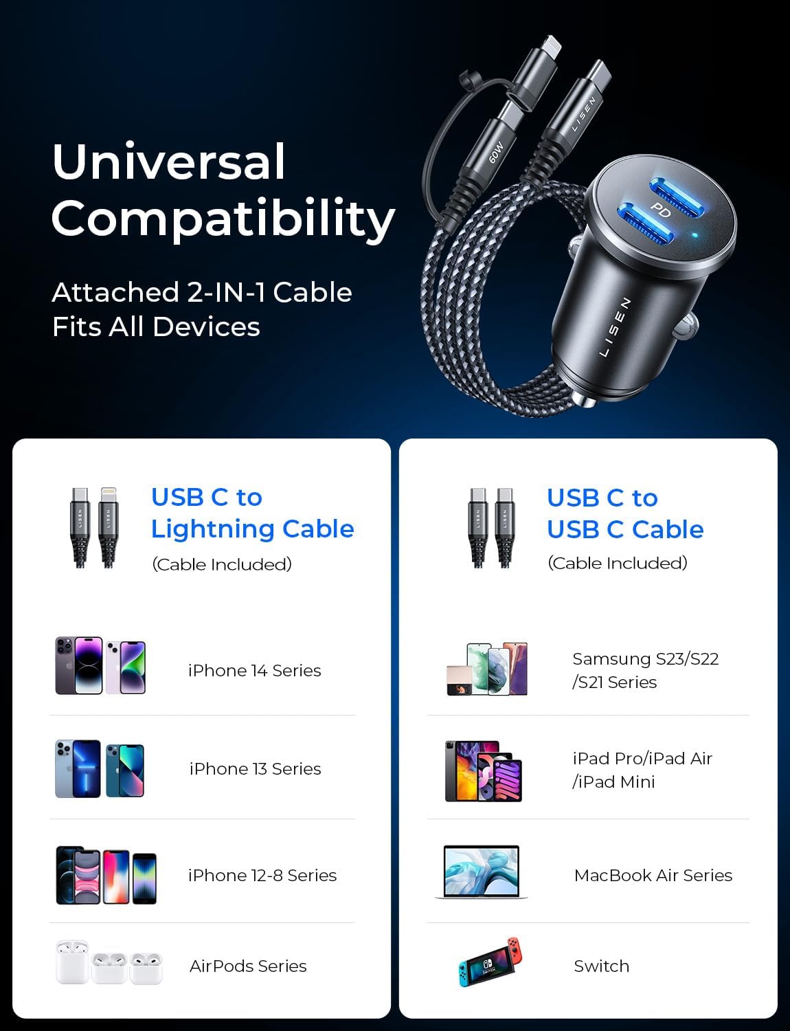 Lisen Dual USB C Car Charger with Cable